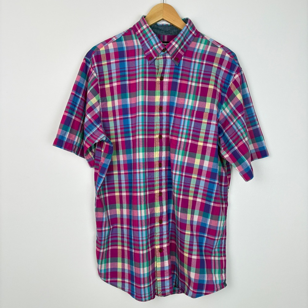 Lands End Mens Traditional Fit Plaid Madras Button Down Short Sleeve Shirt Large